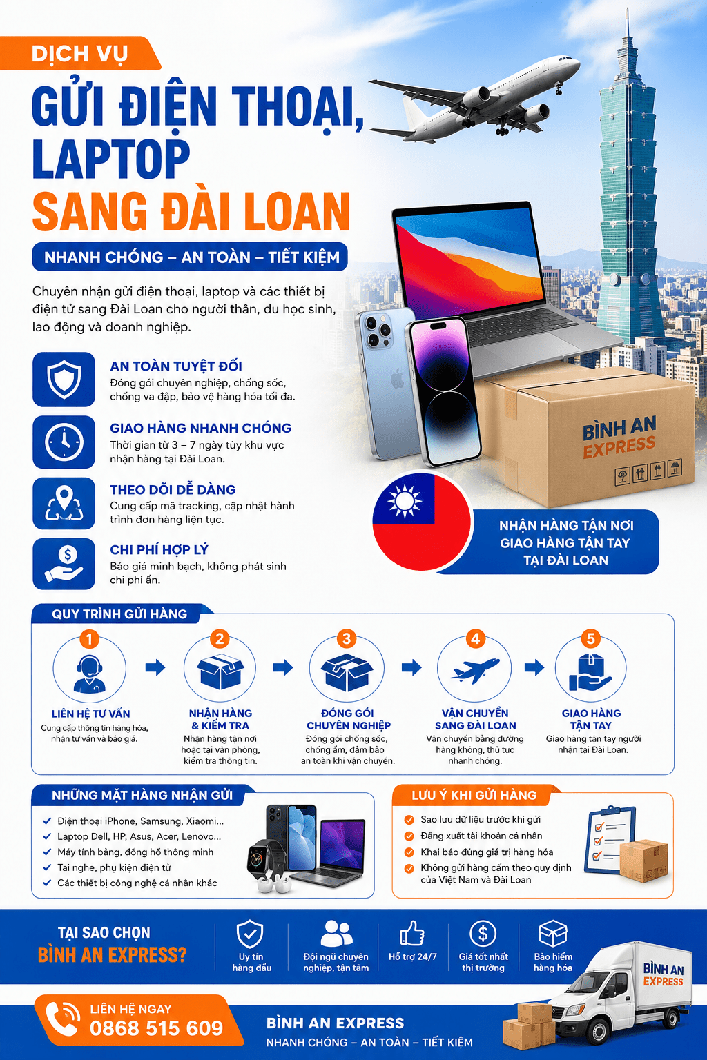 Gửi Điện Thoại – Laptop sang Đài Loan nhanh chóng, an toàn
